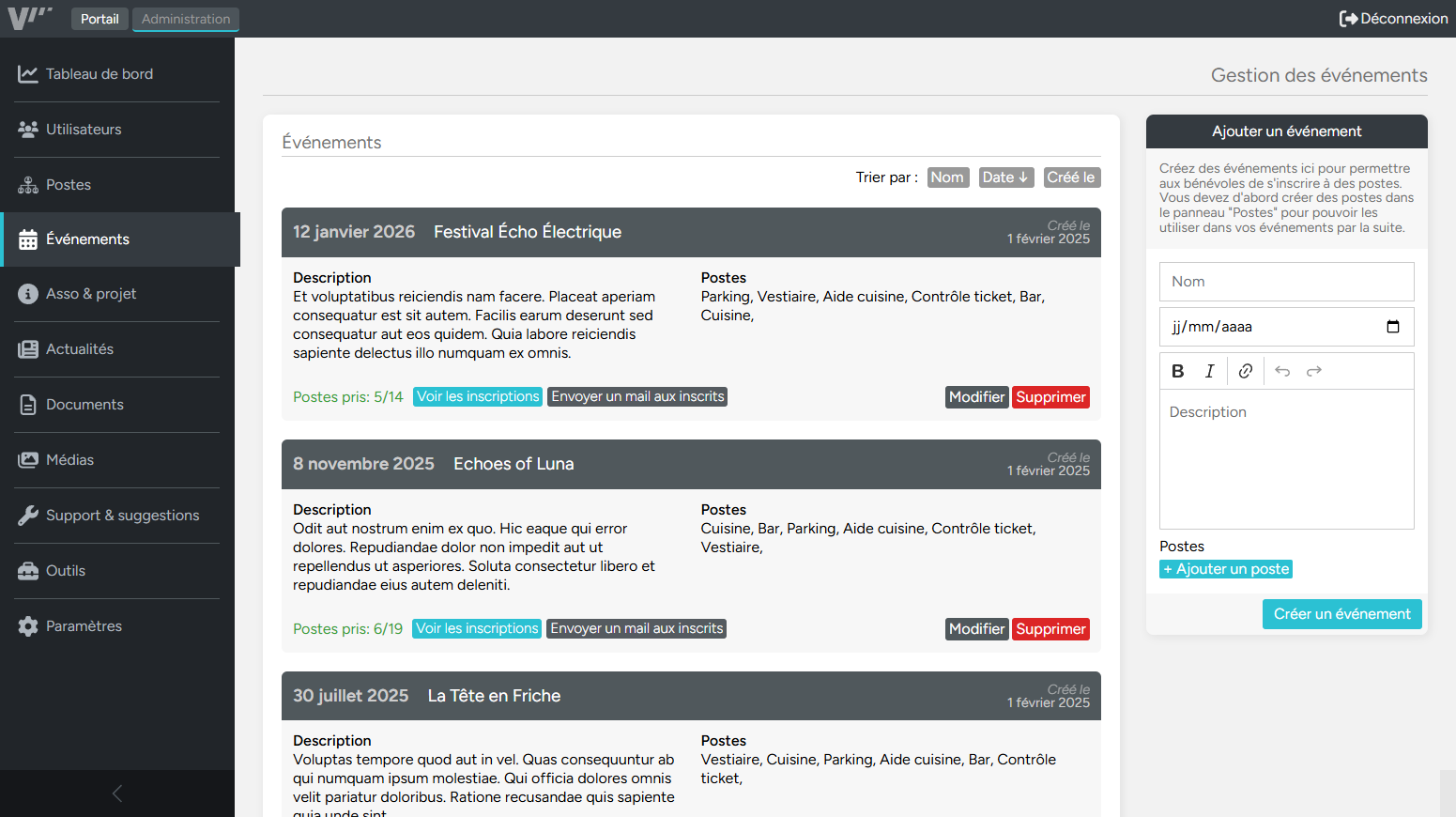 Events admin dashboard screenshot